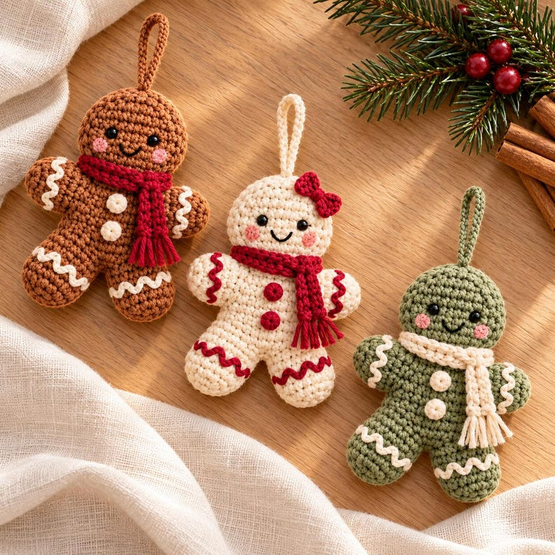 Gingerbread Crochet Ornament Pattern PDF, Christmas Amigurumi, 3 Colorways