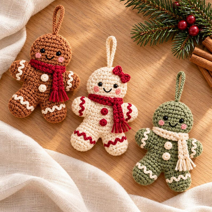 Gingerbread Crochet Ornament Pattern PDF, Christmas Amigurumi, 3 Colorways