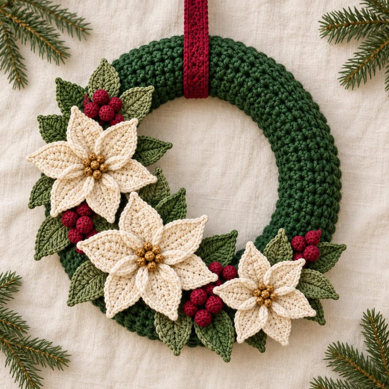 Crochet Christmas Wreath Pattern PDF, Poinsettia and Berry Wreath