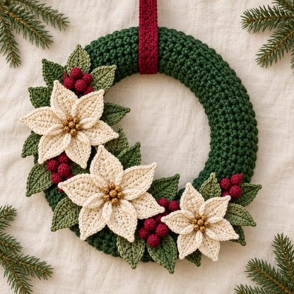 Crochet Christmas Wreath Pattern PDF, Poinsettia and Berry Wreath