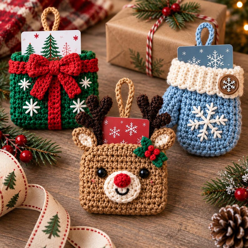 Crochet Christmas Gift Card Holder Pattern PDF, 8-in-1 Ornament Bundle, Holiday Gift Card Pockets, Christmas Crochet Patterns