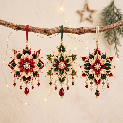 Poinsettia Crochet Ornament Pattern PDF, Set of 3 Beaded Christmas Flower Decorations, Layered Snowflake Ornament, Intermediate Crochet Pattern