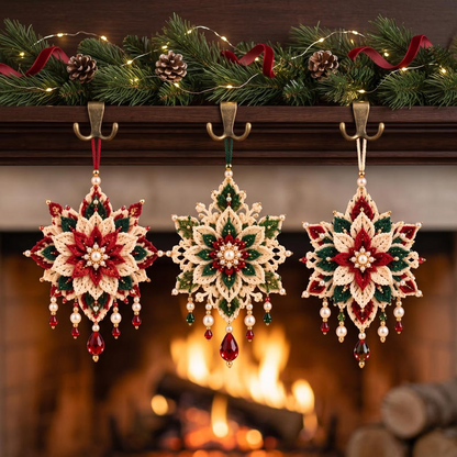 Poinsettia Crochet Ornament Pattern PDF, Set of 3 Beaded Christmas Flower Decorations, Layered Snowflake Ornament, Intermediate Crochet Pattern