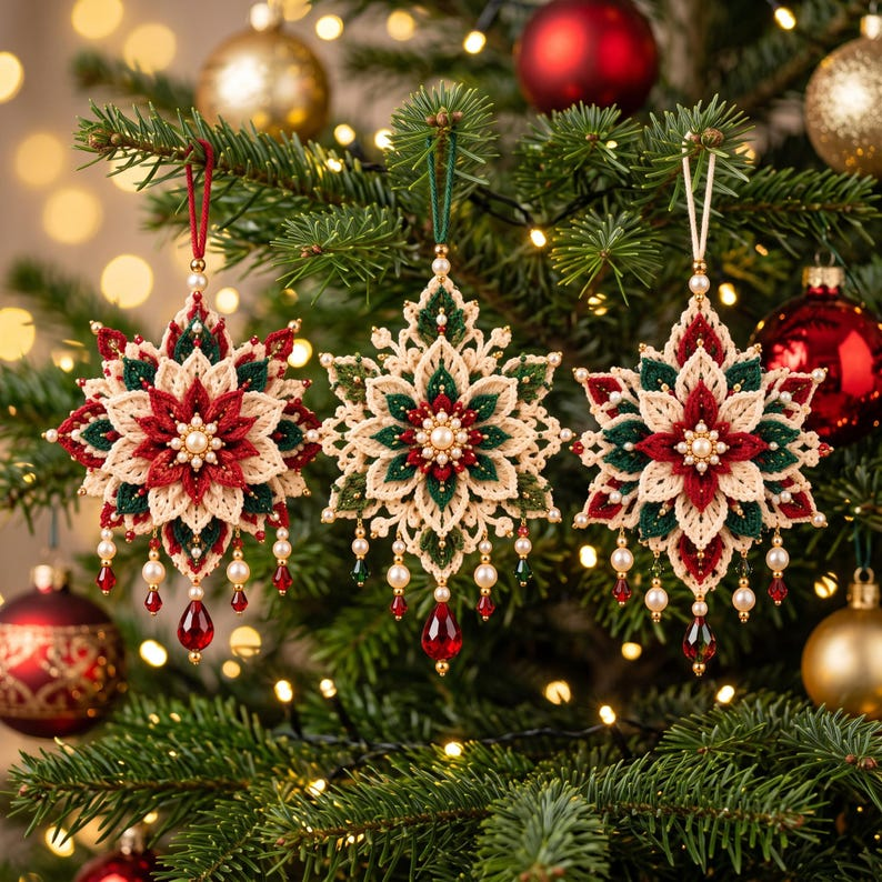 Poinsettia Crochet Ornament Pattern PDF, Set of 3 Beaded Christmas Flower Decorations, Layered Snowflake Ornament, Intermediate Crochet Pattern