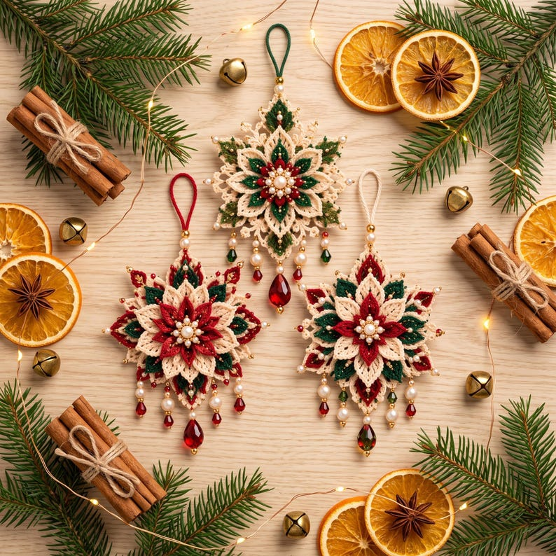 Poinsettia Crochet Ornament Pattern PDF, Set of 3 Beaded Christmas Flower Decorations, Layered Snowflake Ornament, Intermediate Crochet Pattern