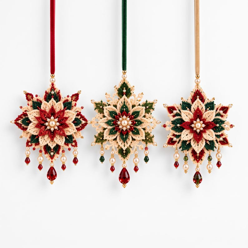 Poinsettia Crochet Ornament Pattern PDF, Set of 3 Beaded Christmas Flower Decorations, Layered Snowflake Ornament, Intermediate Crochet Pattern