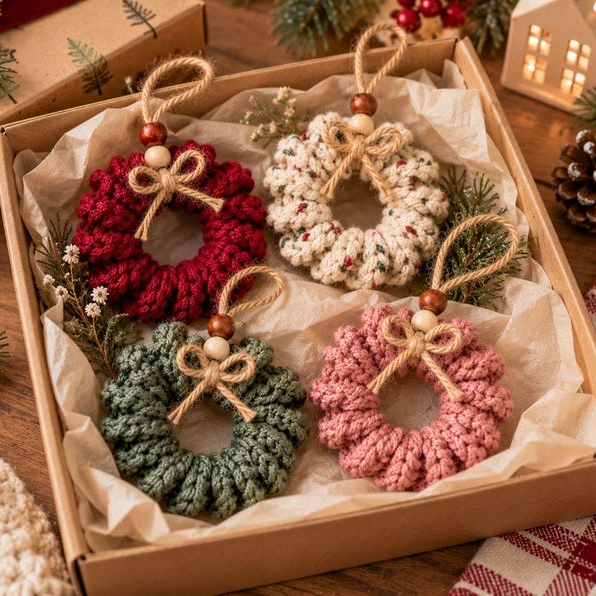 Curly Wreath Crochet Pattern PDF, Mini Christmas Wreath Ornament, Beginner Crochet Pattern, Rustic Holiday Decor, Gift Topper DIY