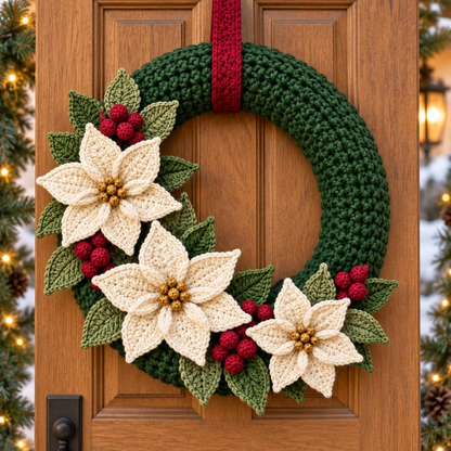 Crochet Christmas Wreath Pattern PDF, Poinsettia and Berry Wreath