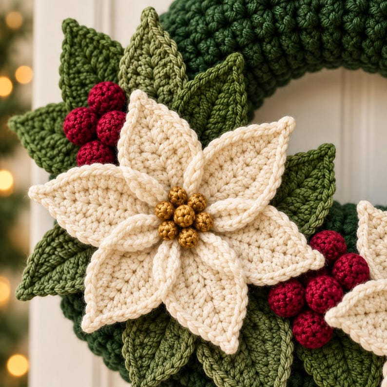 Crochet Christmas Wreath Pattern PDF, Poinsettia and Berry Wreath