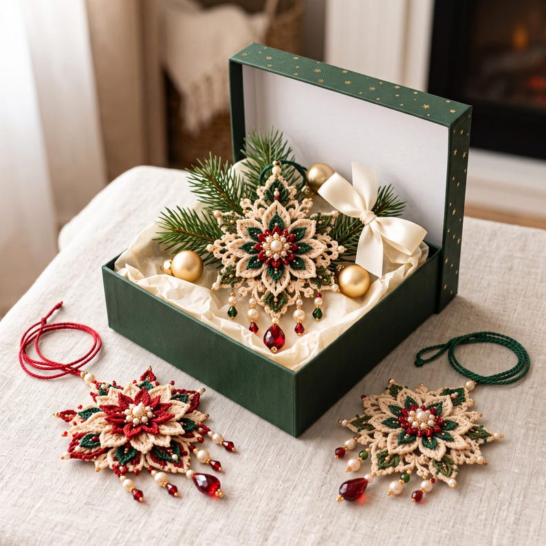 Poinsettia Crochet Ornament Pattern PDF, Set of 3 Beaded Christmas Flower Decorations, Layered Snowflake Ornament, Intermediate Crochet Pattern