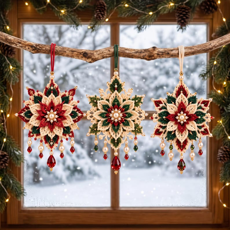 Poinsettia Crochet Ornament Pattern PDF, Set of 3 Beaded Christmas Flower Decorations, Layered Snowflake Ornament, Intermediate Crochet Pattern