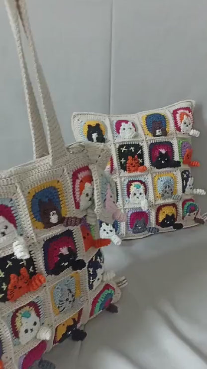 Cat Granny Square Tote Bag Crochet Pattern PDF | Step-by-Step Tutorial with Photos & Video - Golden Wool