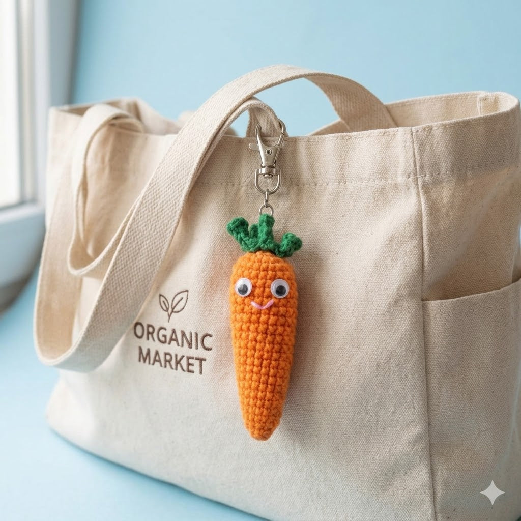 Handmade crochet sensory fidget keychain featuring a bunny, carrot, and pickle with satisfying click-clack sounds, ideal for stress relief.