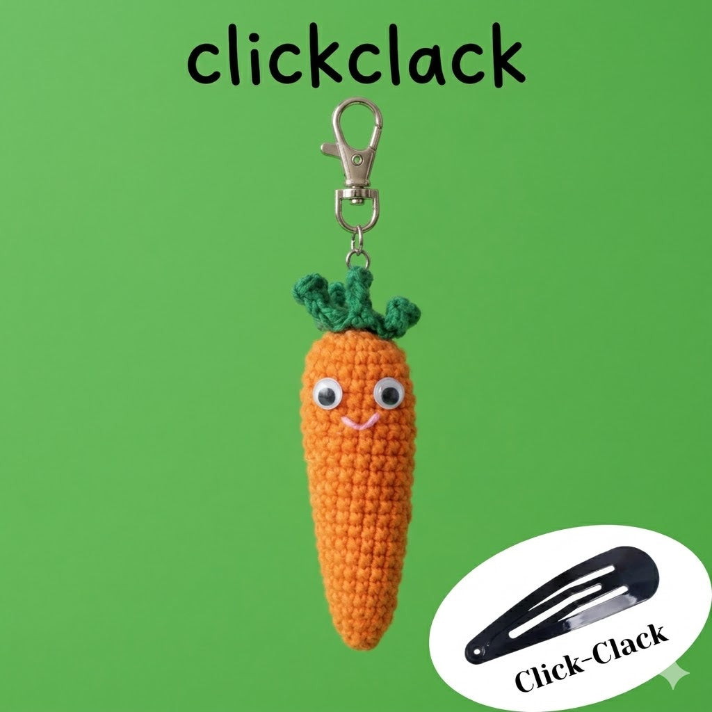Handmade crochet sensory fidget keychain featuring bunny, carrot, and pickle designs with satisfying click-clack sounds, ideal for stress relief.